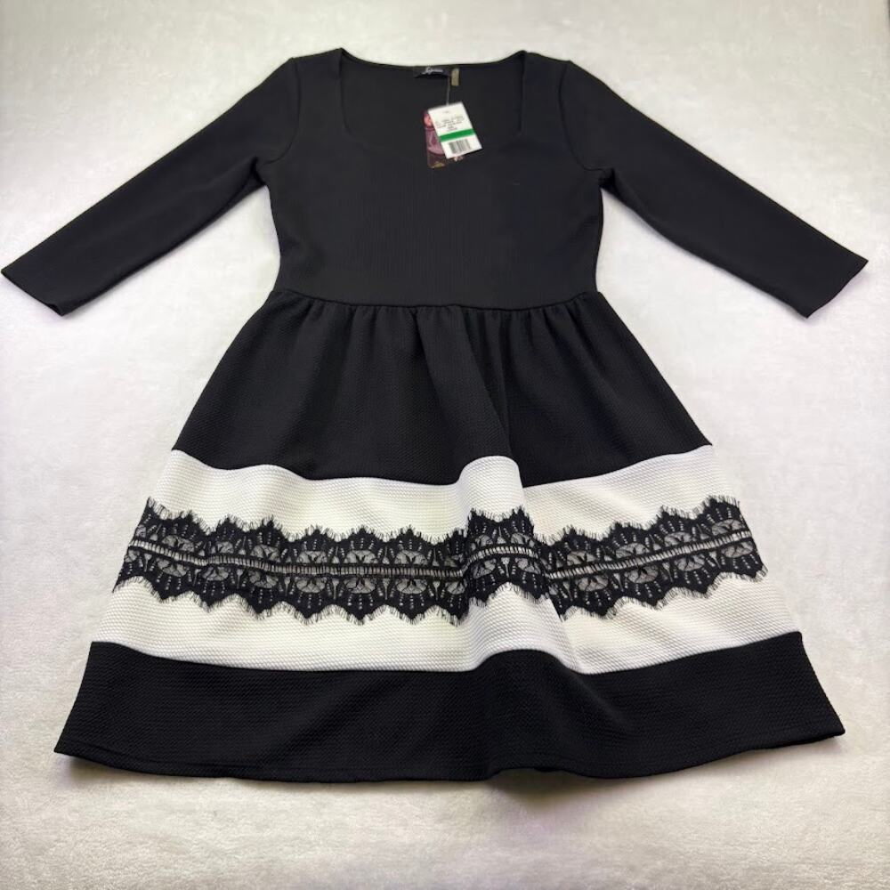 Soprano 3/4 Sleeve Lace Trim Fit and Flare Party Dress Black Size L